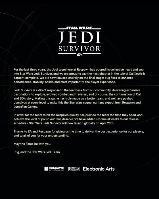Star Wars Jedi: Survivor é adiado para final de abril de 2023